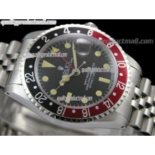 Rolex GMT II Swiss ETA Automatic Watch-Vintage Black Dial Black/Red Bezel-Stainless Steel Jubilee Bracelet