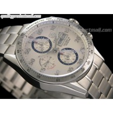 Tag Heuer Carrera Calibre 16 Day Date Automatic Chronograph-White Dial Blue Ring Subdials-Stainless Steel Bracelet 