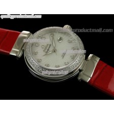 Omega Deville Ladymatic Diamond Swiss Automatic Watch-White Coral Design Dial-Red Leather strap