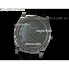 Rolex Cellini Swiss Quartz Watch-MOP Black Dial Roman Numeral Hour Markers-Black Leather strap