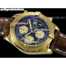 Breitling Chronomat Evolution V3 Chronograph 18K Gold-Black Dial Gold Subdials Numeral Hour Markers-Brown Leather Bracelet