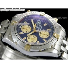 Breitling Chronomat Evolution V2 Chronograph 18k Gold-Blue Dial Gold Subdials Gold Index Markers-Stainless Steel Bracelet