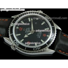 Omega Sea-Master Automatic Ultimate-Black Dial Black Bezel-Black Leather Strap (Orange Stitch)