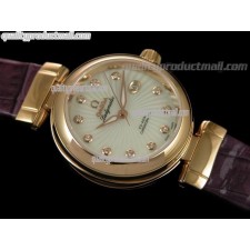 Omega Deville Ladymatic 18k Rose Gold Swiss Automatic Watch-White Coral Design Dial-Purple Leather strap