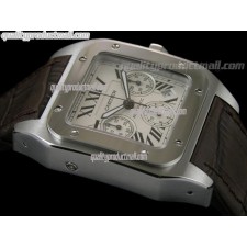 Cartier Santos 100th Anniversary Automatic Watch-White Dial-Brown Leather Strap