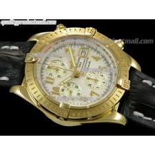 Breitling Chronomat Evolution V3 Chronograph 18K Gold-White Dial Gold Subdials Numeral Hour Markers-Black Leather Bracelet 