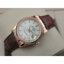 Rolex Datejust 36mm Swiss Automatic Watch 18K Gold-White Dial Stick Markers-Brown Leather Bracelet 