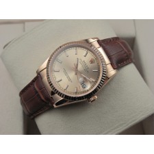 Rolex Datejust 36mm Swiss Automatic Watch Rose Gold-Golden Dial Stick Markers-Brown Leather Bracelet