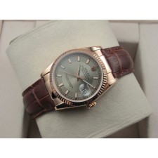 Rolex Datejust 36mm Swiss Automatic Watch Rose Gold-Silvery Dial Stick Markers-Brown Leather Bracelet