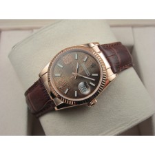 Rolex Datejust 36mm Swiss Automatic Watch 18K Gold-Brown Dial Diamond Stick Markers-Brown Leather Bracelet