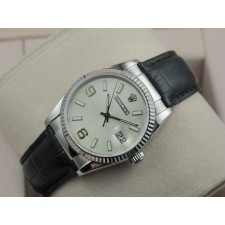 Rolex Datejust 36mm Swiss Automatic Watch-White Dial Stick Markers-Black Leather Bracelet