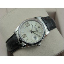 Rolex Datejust 36mm Swiss Automatic Watch-Black Dial Diamond Stick Markers-Black Leather Bracelet