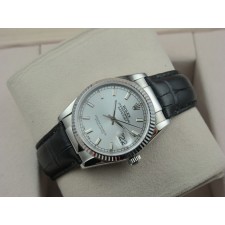 Rolex Datejust 36mm Swiss Automatic Watch-Silvery Dial Stick Markers-Black Leather Bracelet