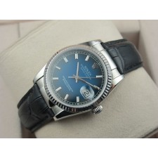 Rolex Datejust 36mm Swiss Automatic Watch-Blue Dial Stick Markers-Black Leather Bracelet