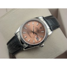 Rolex Datejust 36mm Swiss Automatic Watch-Pink Dial Stick Markers-Black Leather Bracelet