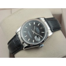 Rolex Datejust 36mm Swiss Automatic Watch-Black Dial Stick Markers-Black Leather Bracelet