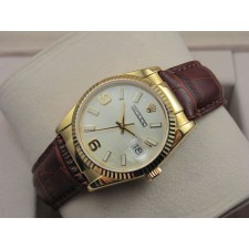 Rolex Datejust 36mm Swiss Automatic18K Gold-White Dial Stick Markers-Brown Leather Bracelet