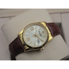 Rolex Datejust 36mm Swiss Automatic Watch 18K Gold-White Dial Diamond Stick Markers-Brown Leather Bracelet