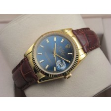 Rolex Datejust 36mm Swiss Automatic Watch 18K Gold-Blue Dial Stick Markers-Brown Leather Bracelet