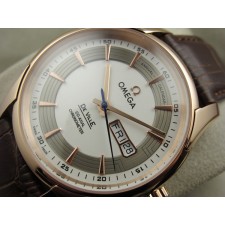 Omega De Ville Automatic Watch Rose Gold-White Dial With Stick Marker-Brown Leather Strap
