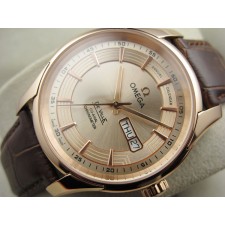 Omega De Ville Automatic Watch Rose Gold-Golden Dial With Stick Marker-Brown Leather Strap