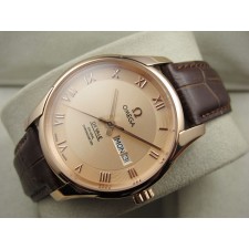 Omega De Ville Automatic Watch Rose Gold-Golden Dial With Roman Numeral Marker-Brown Leather Strap