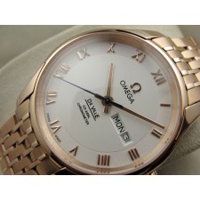 Omega De Ville Automatic Watch Rose Gold - White Dial With Roman Numeral Marker - Stainless Steel Strap