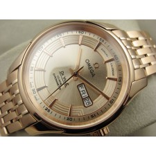 Omega De Ville Automatic Watch Rose Gold - Golden Dial With Stick Marker - Stainless Steel Strap