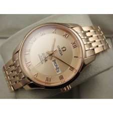 Omega De Ville Automatic Watch Rose Gold - Golden Dial With Roman Numeral Marker - Stainless Steel Strap