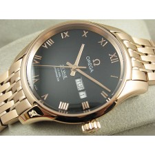 Omega De Ville Automatic Watch Rose Gold - Black Dial With Roman Numeral Marker - Stainless Steel Strap