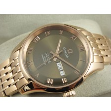 Omega De Ville Automatic Watch Rose Gold - Army Green Dial With Roman Numeral Marker - Stainless Steel Strap