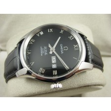 Omega De Ville Automatic Watch-Black Dial With Roman Numeral Marker-Black Leather Strap