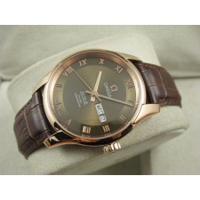 Omega De Ville Automatic Watch Rose Gold-Army Green Dial With Roman Numeral Marker-Brown Leather Strap