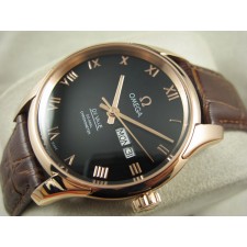 Omega De Ville Automatic Watch Rose Gold-Black Dial With Roman Numeral Marker-Brown Leather Strap