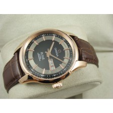 Omega De Ville Automatic Watch Rose Gold-Black Dial With Stick Marker-Brown Leather Strap