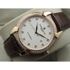 Vacheron Constantin Malte Swiss 2824 Movement Rose Gold Diamond Bezel Watch-White
