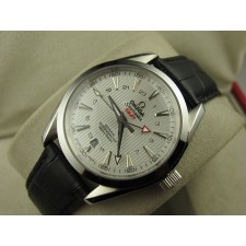 Omega Sea-Master GMT Edition Automatic Watch-Vertical Stripes White Dial-Genuine Leather Black Strap