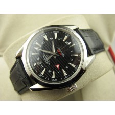 Omega Sea-Master GMT Edition Automatic Watch-Vertical Stripes Black Dial-Genuine Leather Black Strap