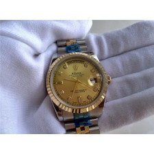 Rolex Day Date Automatic Swiss Watch 18K Gold-Gold Dial Diamond Hour Markers-tainless Steel Jubilee Bracelet