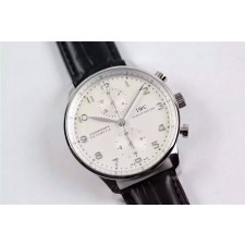 IWC Portuguese Swiss Chronograph-White Dial Silver Markers Black Leather Strap