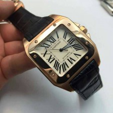 Cartier Santos Swiss Automatic Watch-Rose Gold case- Black Leather Strap