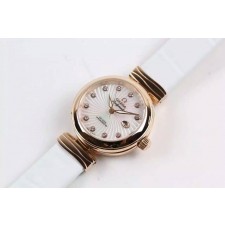 Omega Deville Ladymatic 18k Rose Gold Swiss Automatic Watch-White Coral Design Dial-White Leather strap