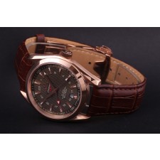 Omega Sea-Master GMT Edition Automatic Watch-Rose Gold-Vertical Stripes Brown Dial-Genuine Leather Brown Strap