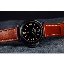Panerai PAM360 DLC Manual Handwound Swiss Watch-Black Logo Dial-Brown Calf Leather Strap