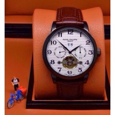 Patek Philippe Complication 482620 Tourbillon Swiss Automatic Watch - Black Steel Brown Strap - Black Markers
