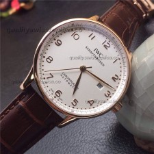 IWC Portuguese Swiss Automatic Watch-Numerals Hour Markers White Dial-Light Brown Leather Strap