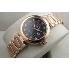 Omega Deville Ladymatic 18k Rose Gold Swiss Automatic Watch-Black Coral Design Dial-Stainless Steel Link