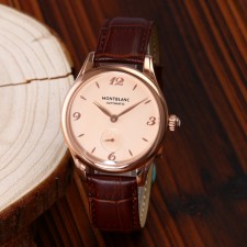 MontBlanc Star Edition Automatic Watch Small Seconds - Rose Gold Cream Colored Dial - Brown Leather Strap