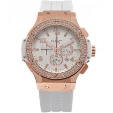 Hublot Big Bang Aspen Chronograph 18K Rose Gold-White Dial White Subdials-Diamonds Bezel-White Rubber Strap