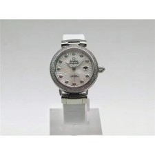 Omega Deville Ladymatic Diamond Swiss Automatic Watch-White Coral Design Dial-White Leather strap